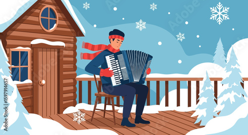 Accordionist Plays Music In The Snowy Winter Cabin Landscape Scene Outdoor