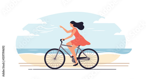 Carefree Summer: Young Woman Enjoying a Relaxing Bike Ride on Sandy Beach