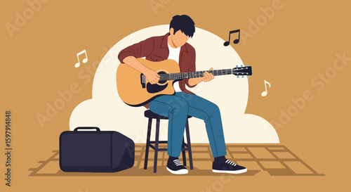 Acoustic Serenade Young Man Playing Guitar with Passionate Melody