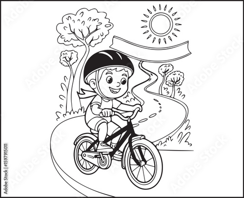 Beautiful bicycle riding by a cute girl on road in natural scenery black outline vector illustration for kids coloring book design
