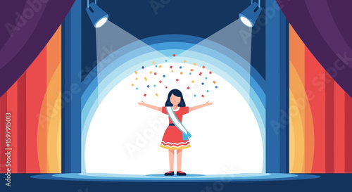 Confetti Showers On Stage Girl With Sash Celebrating Victory Event