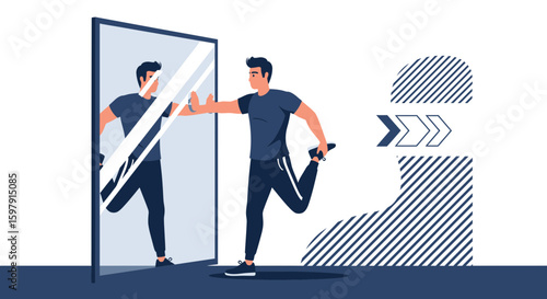 Active Man Stretching Thigh Near Reflection For Morning Workout Routine