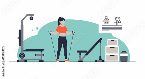 Active Woman Practicing Exercises With Resistance Bands In Modern Fitness Room