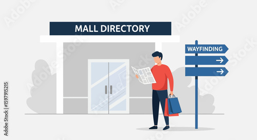 Consumer Uses Mall Directory For Wayfinding With Shopping Bags And Retail Entrance