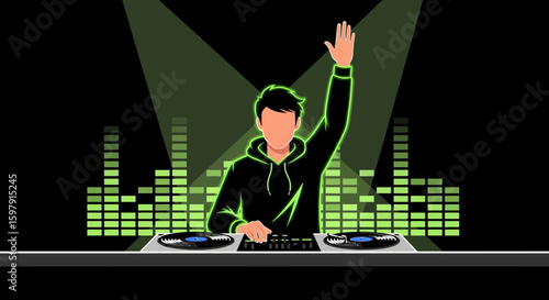 Energetic Dj Performing Live Music Set At Electronic Neon Party Event