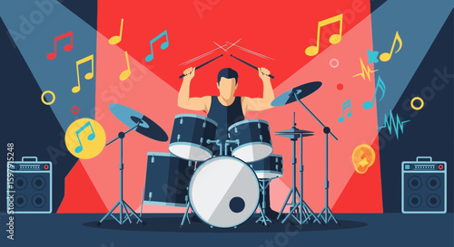 Energetic Drummer Performance With Musical Notes And Vibrant Stage Lighting