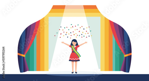Cartoon Girl On Stage With Colorful Curtains During Confetti Celebration