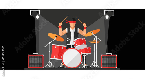 Energetic Drummer Performance On Stage Under Spotlights With Amplifiers