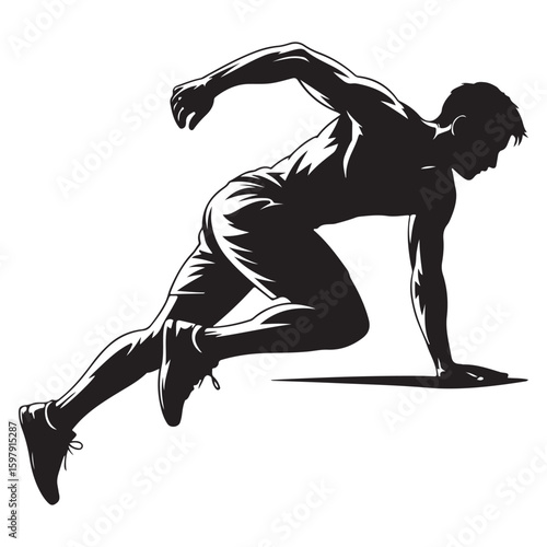 Parkour Silhouette – Crouching Male Athlete in Ready Position Vector