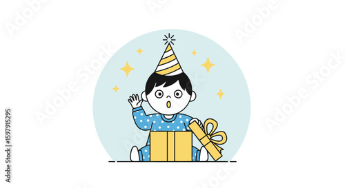 Adorable Baby Opening Birthday Gift Wearing Party Hat With Surprised Expression