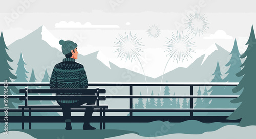 Contemplative Man Enjoys Fireworks Display In A Snowy Mountain Landscape
