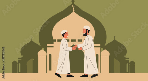 Eid Greetings Joyful Muslim Celebration Father And Son Sharing Peace And Harmony