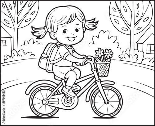 Beautiful bicycle riding by a cute girl on road in natural scenery black outline vector illustration for kids coloring book design