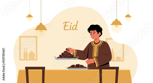 Eid Celebration With Dates And Traditional Clothing In A Cozy Home Environment