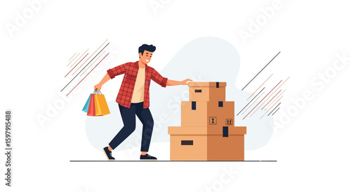 Cartoon Man With Shopping Bags And Pile Of Cardboard Boxes Illustration