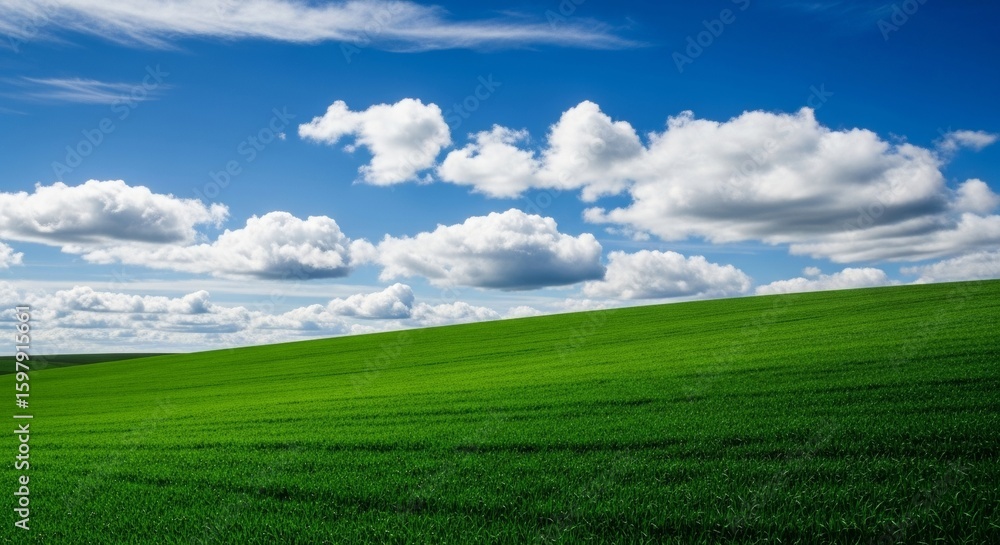 Lush Green Field Under Bright Blue Sky with Fluffy White Clouds in the Background Lush Green Field Under Bright Blue Sky with Fluffy White Clouds in the Background