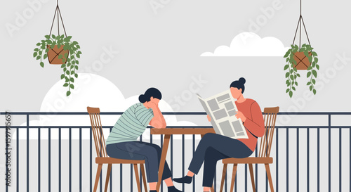 Contrasting Moods Friends Enjoying Balcony Reading Together Sunshine Terrace