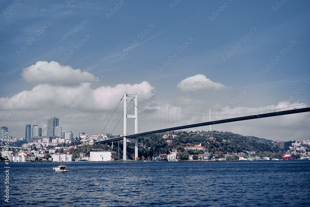 Naklejka premium A magnificent suspension bridge connecting a bustling city with modern architecture across calm waters, featuring lush green hills, a boat on the water, and a serene cloudy blue sky.