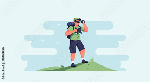 Adventurous Hiker Observing The Horizon With Binoculars On A Mountain Peak
