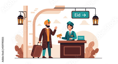 Eid Travel Illustration Featuring a Passenger and Ticketing Officer
