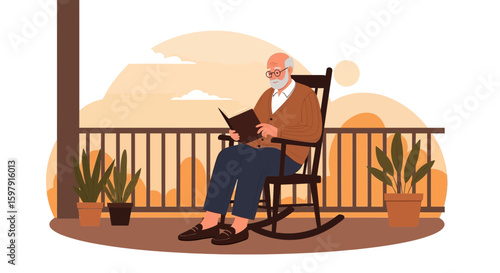 Elderly Man Enjoying a Book on Porch in Rocking Chair at Sunset