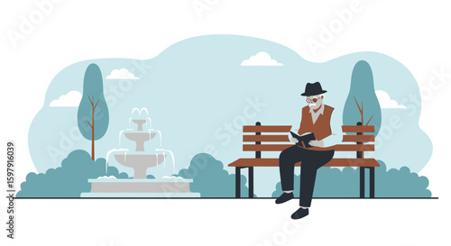 Elderly Man Reading Book On Park Bench Near A Water Fountain
