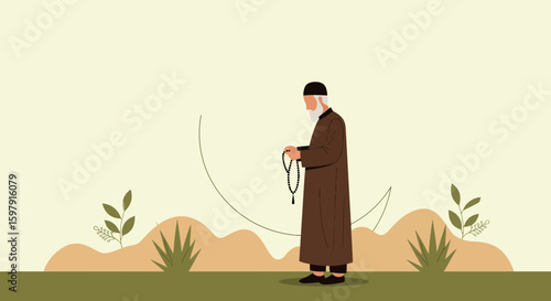 Elderly Muslim Praying Silently With Rosary Beads In Serene Nature Setting