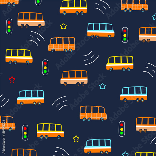 bus cars seamless vector cartoon pattern design for kids apparel fullprint fabric