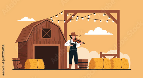 Country Serenade A Fiddler Plays For The Rural Harvest Evening On The Farm