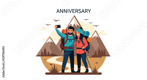 Couple Celebrates Anniversary In The Mountains With Selfie On A Hike Trail
