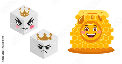 Cartoon angry king and queen sugar cubes with golden crown and happy honey character. Harmful and healthy food concept. Vector illustration