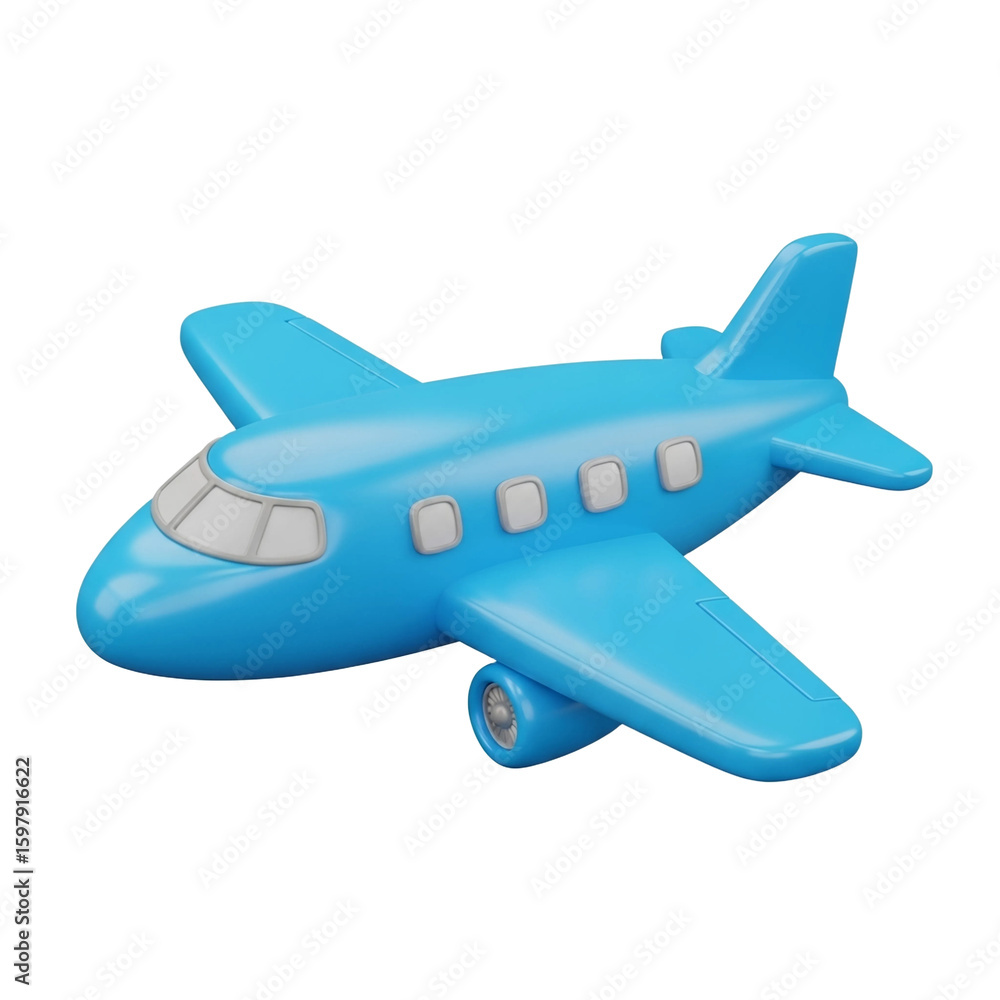 Fototapeta premium A blue 3D render of an airplane, air travel and transportation, modern aviation symbol, holiday and vacation concept, and simplified travel icon.