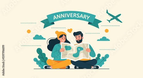 Couple Celebrating Anniversary And Planning A Trip With Map On Anniversary Background
