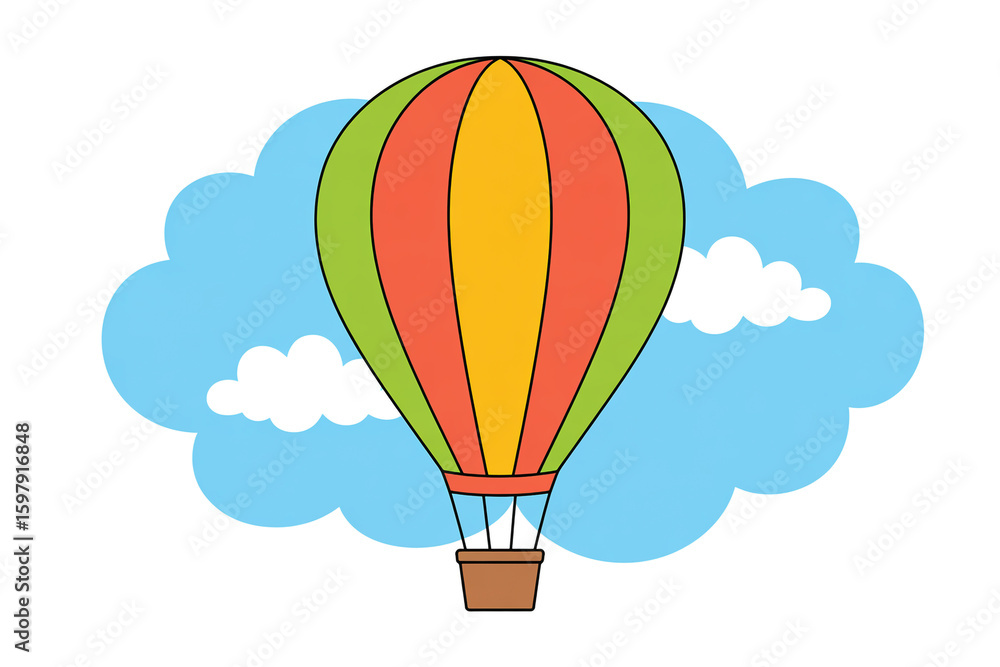 Fototapeta premium A colorful hot air balloon floats gently among fluffy white clouds in a bright blue sky