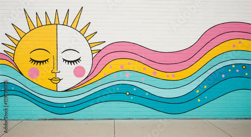 Vibrant sun mural on brick wall depicting a whimsical design, evoking positivity and joy