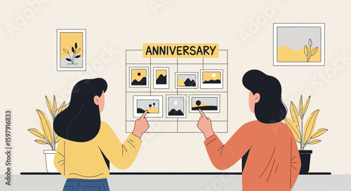 Couple Celebrating Anniversary Looking At Photo Collage Gallery Artwork