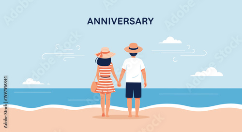 Couple Celebrating Anniversary On Beach Holiday At Sea With Sky Background