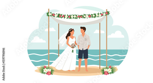 Elegant Beach Wedding Celebration Under Floral Chuppah With Ocean View