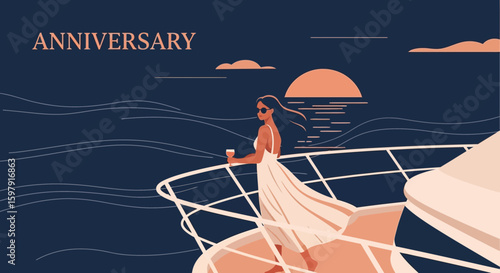 Celebrating Anniversary On A Yacht At Sunset With Elegant Woman Enjoying The Sea