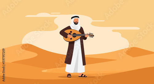 Arabian Desert Serenade Man Playing Oud in the Desert Traditional Arab Music