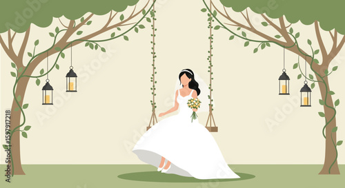 Elegant Bride On Swing Surrounded By Nature For Outdoor Wedding Concept