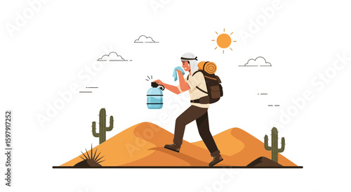 Arabian Desert Trekker Navigating Dunes With Water Bottle And Backpack Under Scorching Sun