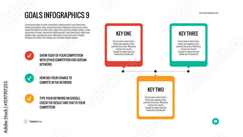 Goal Infographics: Illustrates achieving objectives with three key steps and a checklist, ideal for business presentations and strategic planning