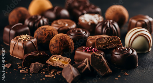 Decadent chocolate collection on a dark background offering a delightful assortment for dessert enthusiasts and sweet cravings.