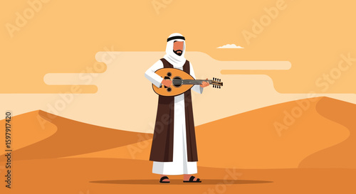 Arabian Musician Playing Oud In Desert Landscape Traditional Clothing And Instrument