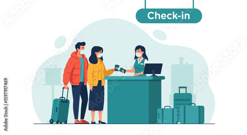 Couple Checking In At The Airport During Pandemic Travel Concept Graphic