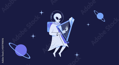 Astronaut Alien Playing Harp Amidst Planets And Stars In Deep Space Illustration