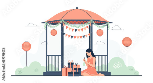 Elegant Celebration Preparing Presents Under Gazebo With Asian Decoration