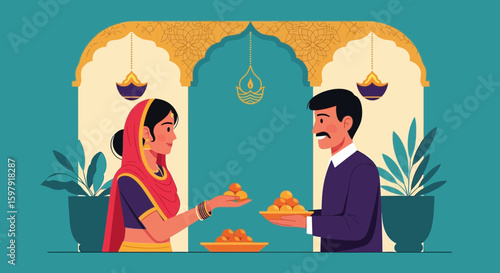 Celebrating Diwali A Traditional Indian Festival Of Lights With Sweet Food Sharing