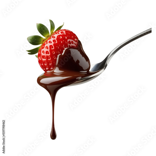 A fresh red strawberry on a silver spoon with dark chocolate sauce dripping from it on transparent backgroun